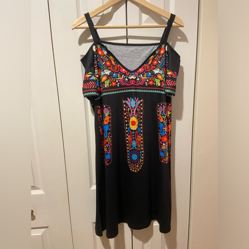 Black Floral V-Neck Cold Shoulder Dress with Bright Multicolor Print